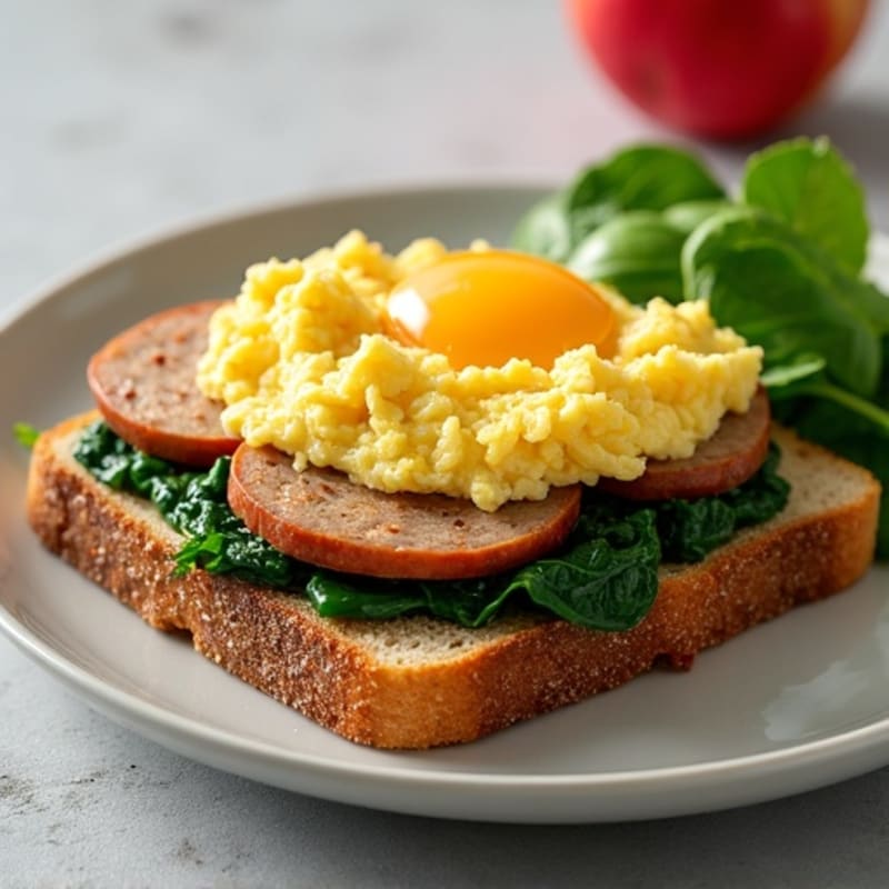 Scrambled Eggs with Turkey Sausage and Sautéed Spinach on Whole Grain Toast
