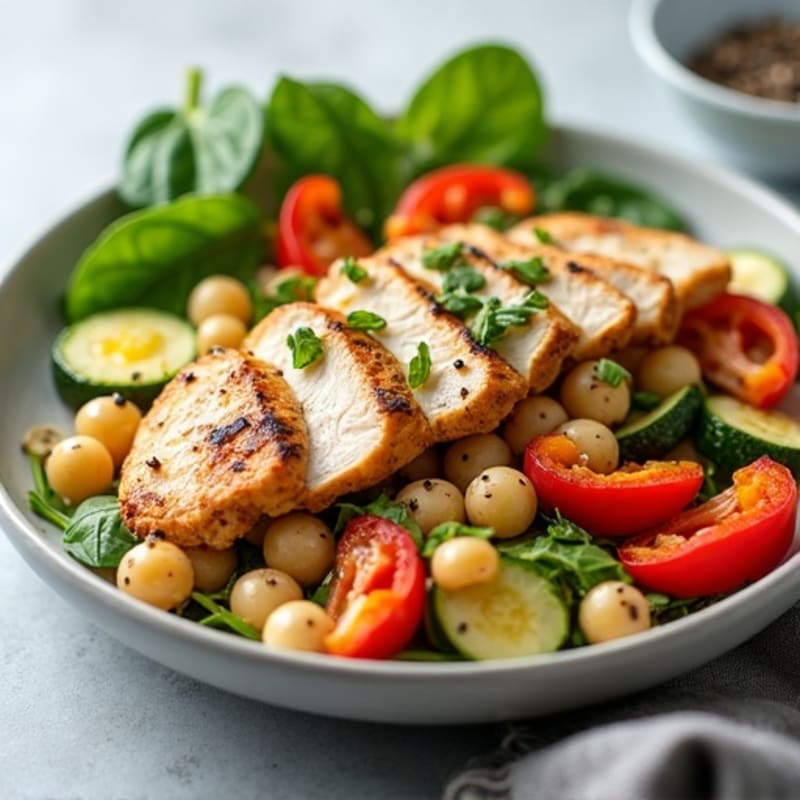 Grilled Chicken and Chickpea Pasta Salad with Roasted Vegetables