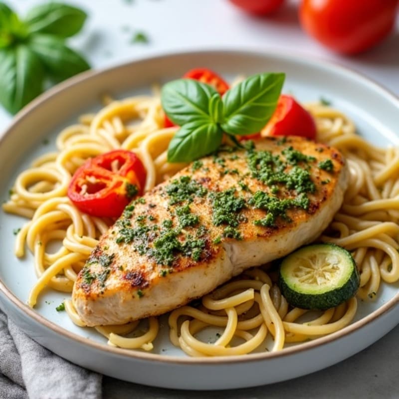 Fresh Pesto Chicken Whole Wheat Pasta with Roasted Vegetables