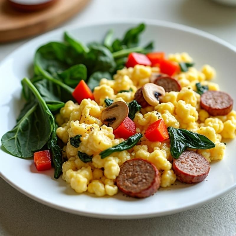 Egg White Scramble with Turkey Sausage and Sautéed Spinach