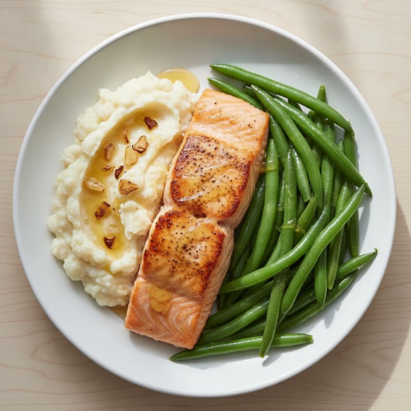 Seared Salmon with Steamed Green Beans and Garlic Mashed Cauliflower