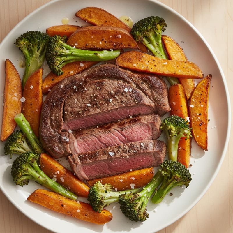Seared Lean Beef Steak with Roasted Sweet Potatoes and Broccoli