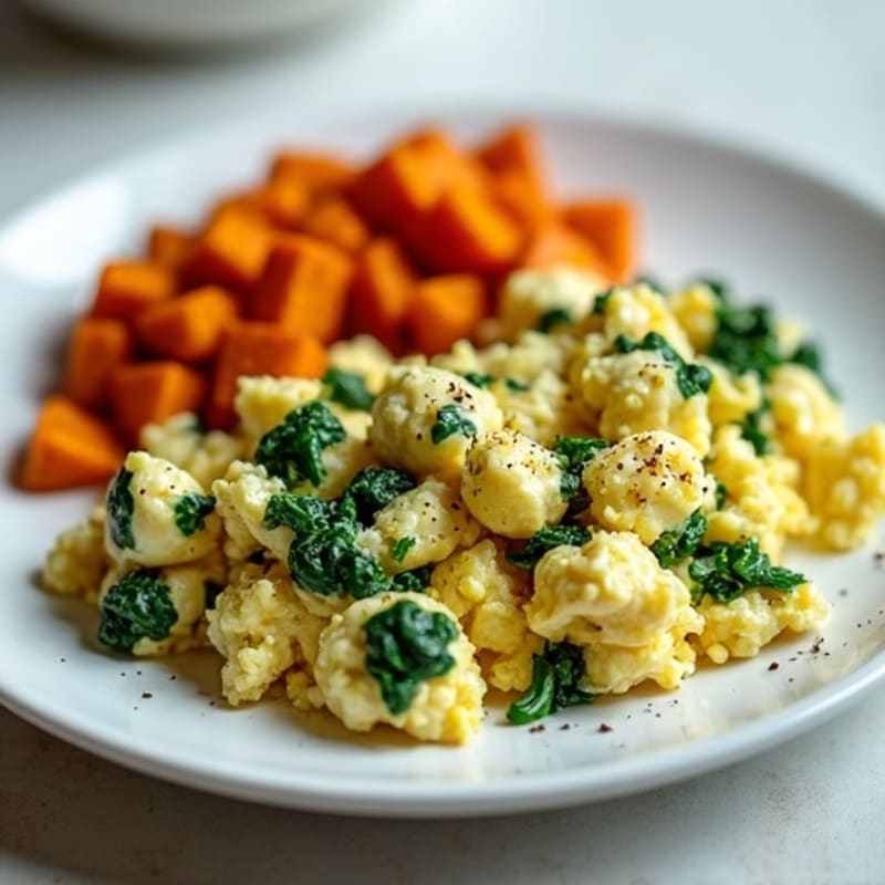 Fluffy Egg and Spinach Scramble with Roasted Sweet Potatoes