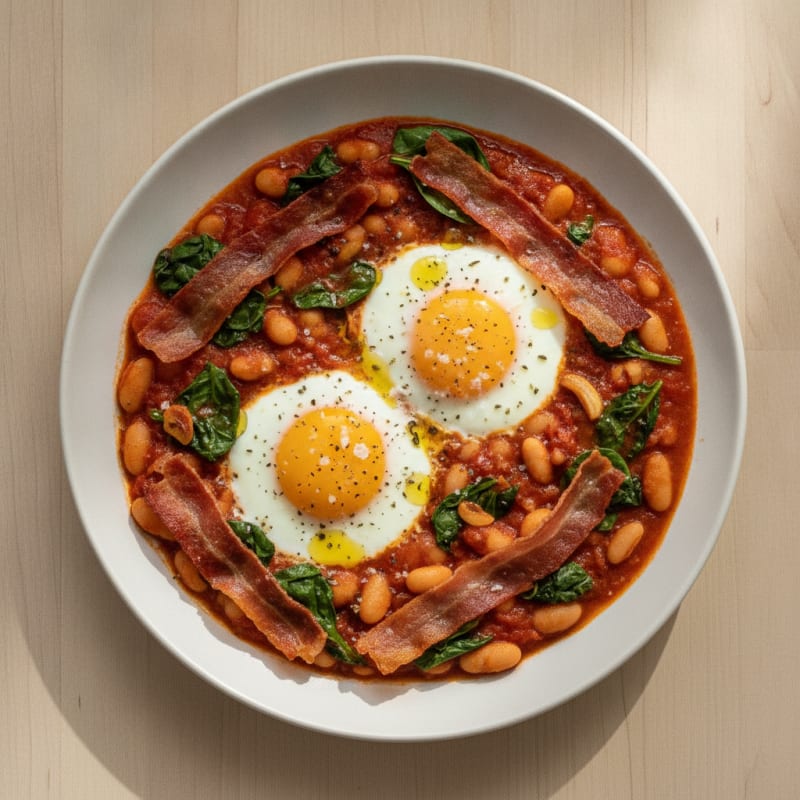 Prosciutto Baked Eggs with White Beans