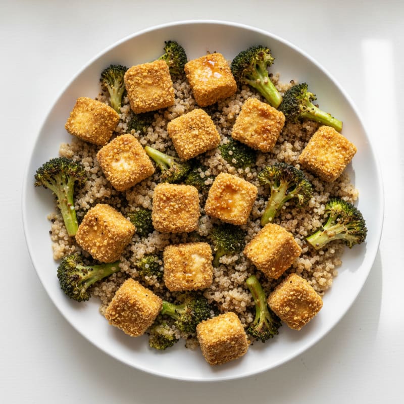 Crispy Baked Tofu with Roasted Broccoli and Quinoa