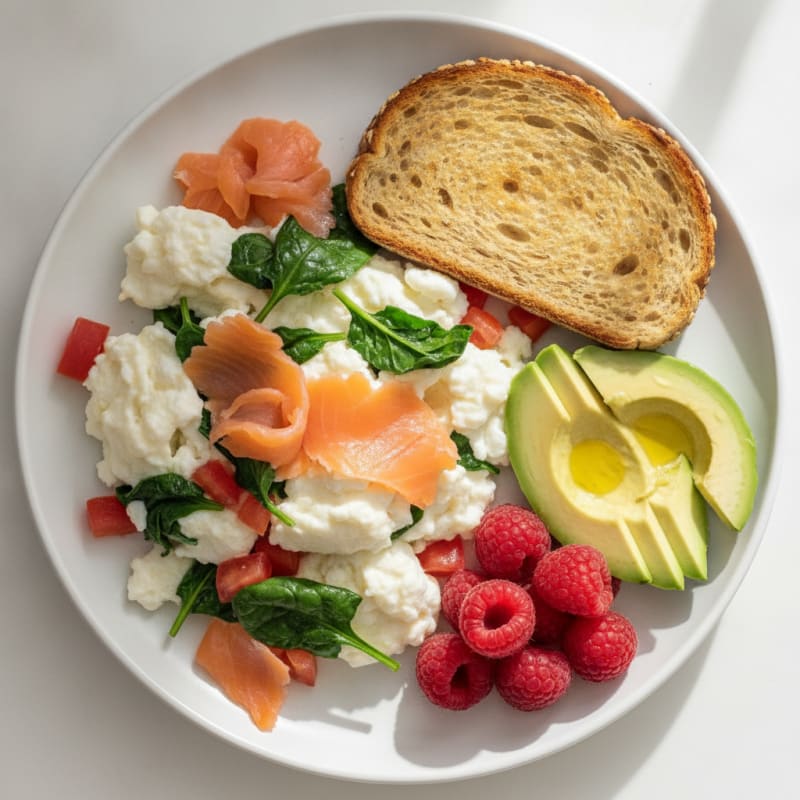 Smoked Salmon and Egg White Scramble with Sautéed Spinach and Tomato