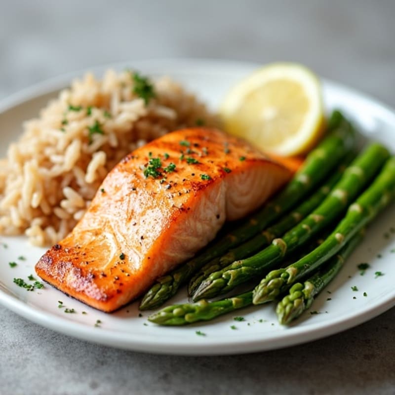 Seared Salmon Fillet with Steamed Asparagus and Brown Rice