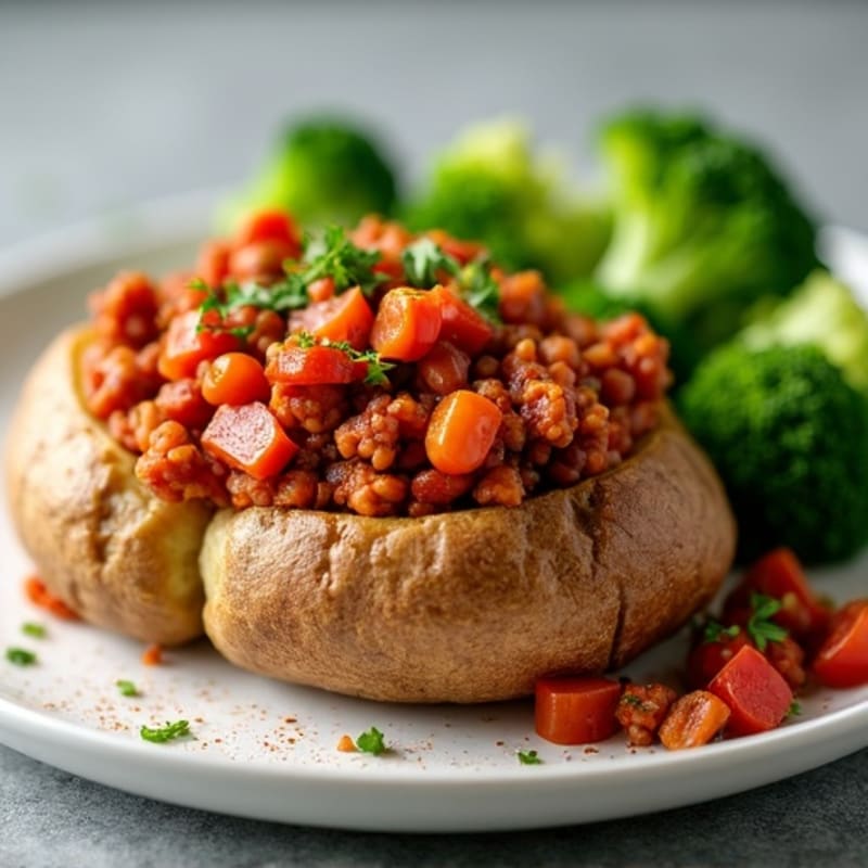 Crispy Baked Potato with Hearty Lean Ground Turkey Chili and Fresh Steamed Broccoli