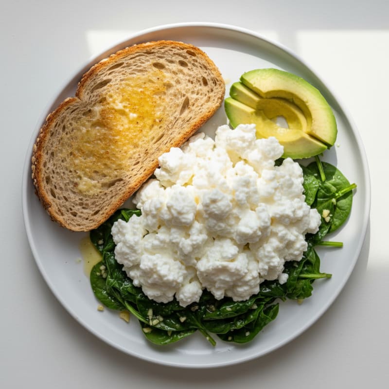 Cottage Cheese and Egg White Scramble with Sautéed Spinach