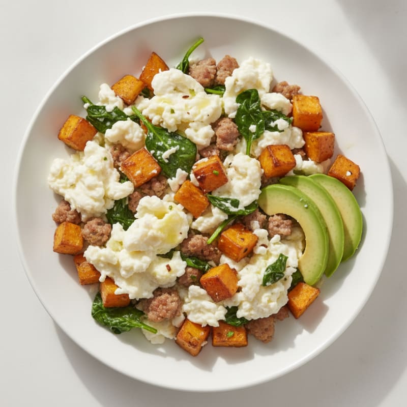 Egg White and Turkey Sausage Scramble with Roasted Sweet Potatoes
