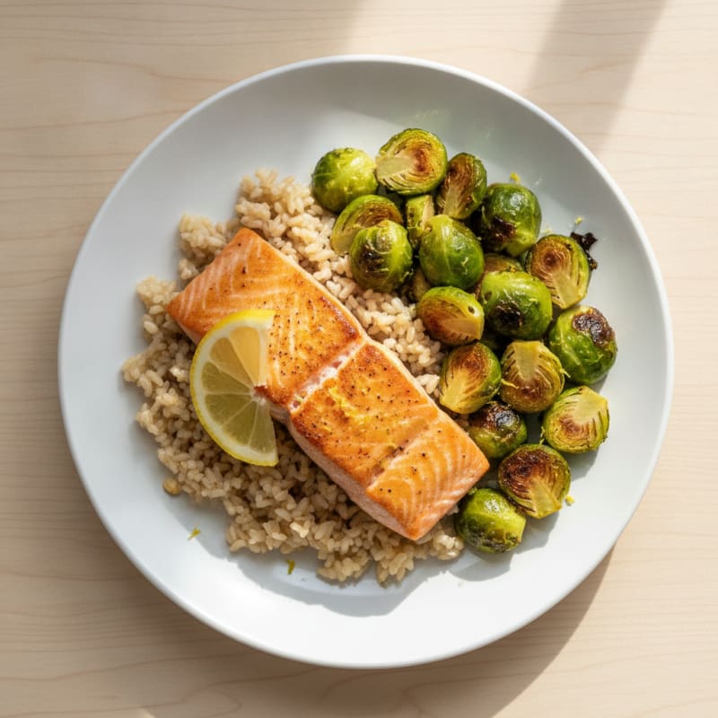 Seared Salmon Fillet with Roasted Brussels Sprouts and Brown Rice
