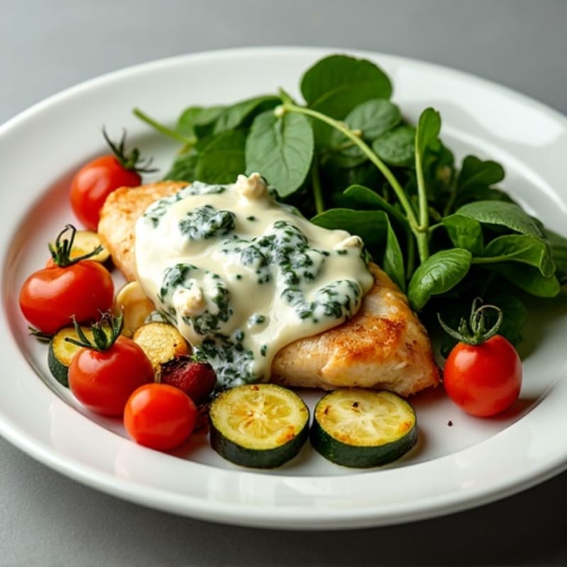 Creamy Spinach Artichoke Chicken with Roasted Vegetables