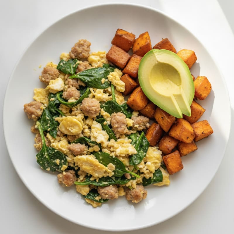 Egg White and Turkey Sausage Scramble with Spinach and Roasted Sweet Potatoes