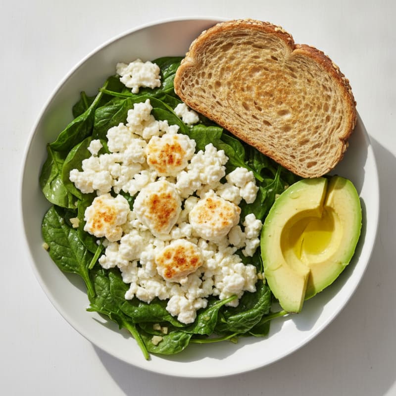 Cottage Cheese Egg White Scramble with Sautéed Spinach