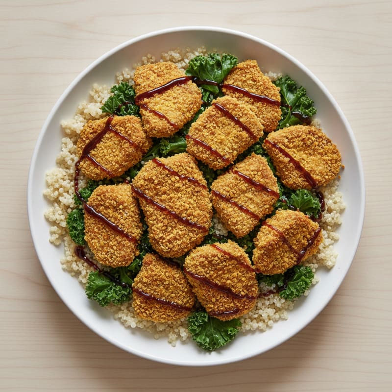 Crispy Baked Seitan with Quinoa and Steamed Greens