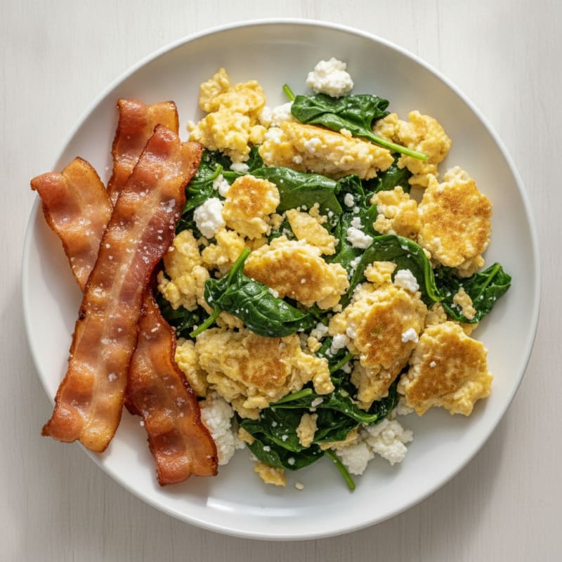 Cottage Cheese Egg Scramble with Spinach and Turkey Bacon