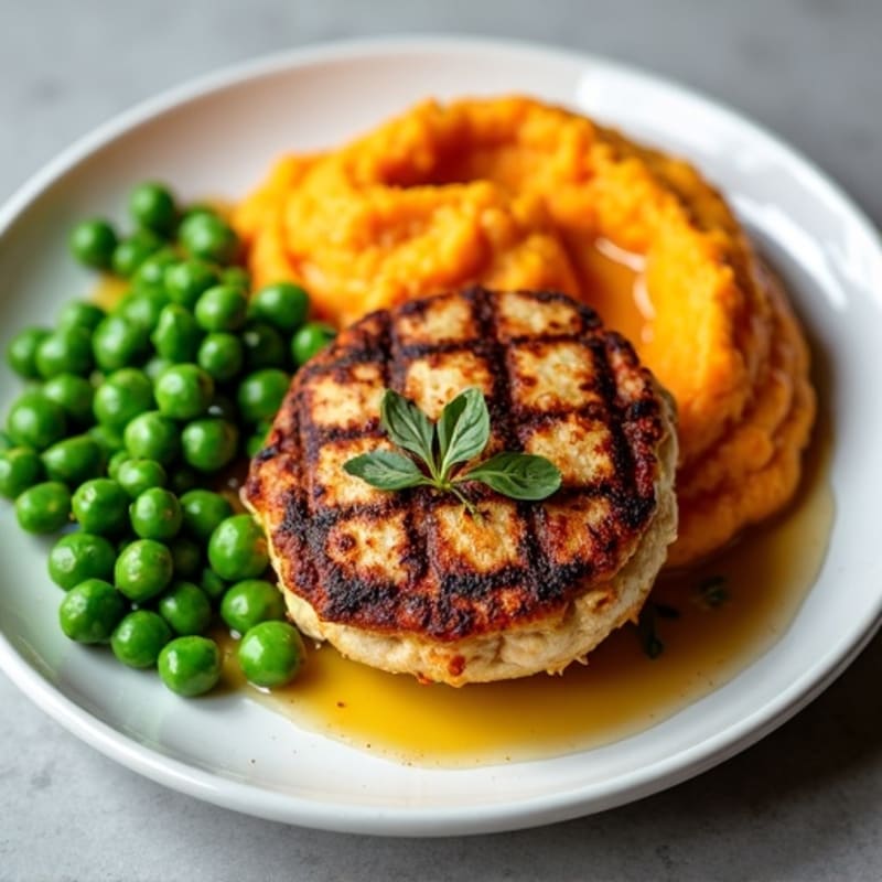 Grilled Chicken Patty with Roasted Peas and Garlic Sweet Potato Mash