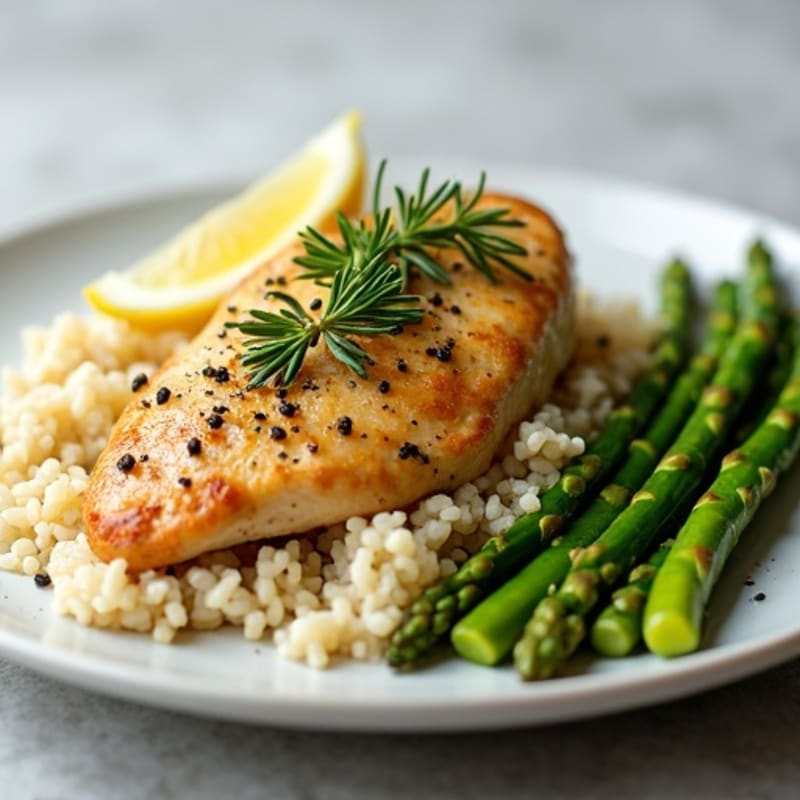 Herb-Roasted Chicken Breast with Garlic Rice and Steamed Asparagus