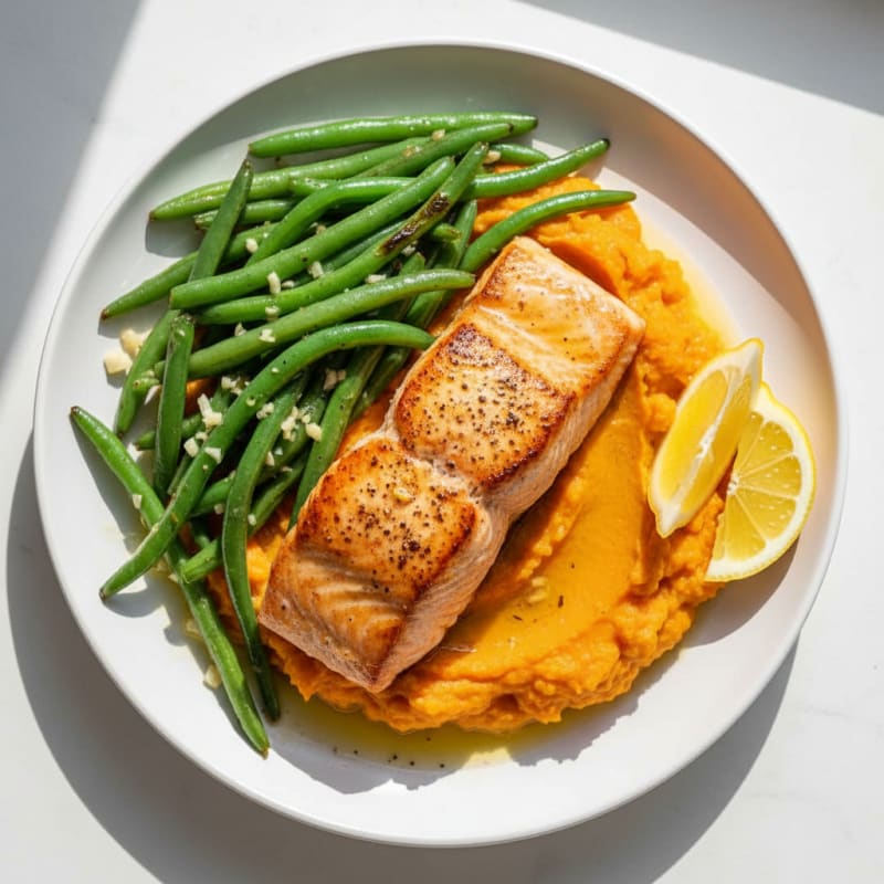 Seared Salmon with Garlic Green Beans and Sweet Potato Mash
