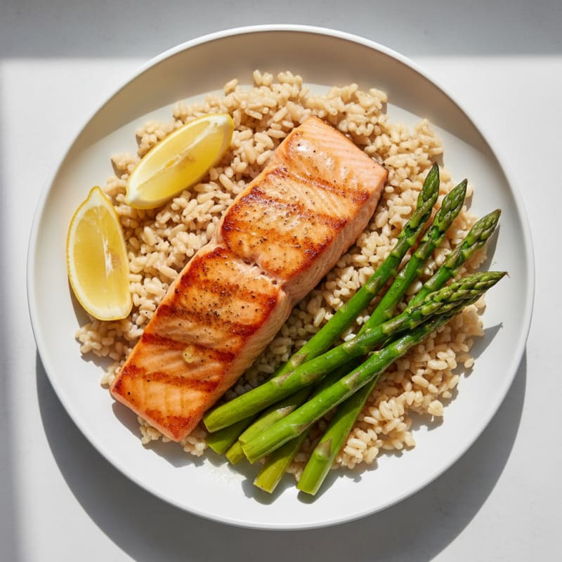 Seared Salmon with Steamed Asparagus and Brown Rice