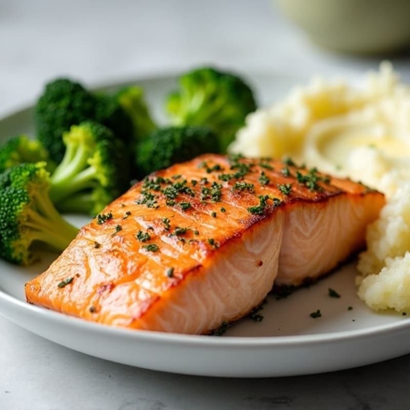 Seared Salmon Fillet with Steamed Broccoli and Garlic Mashed Potatoes