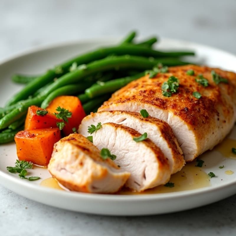 Seared Turkey Breast with Roasted Sweet Potatoes and Green Beans