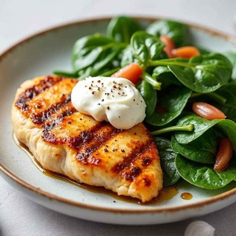 Grilled Chicken with Creamy Cottage Cheese and Garlic Onion Spinach