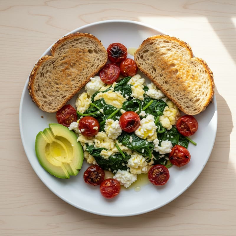 Egg White and Spinach Scramble with Cottage Cheese and Cherry Tomatoes