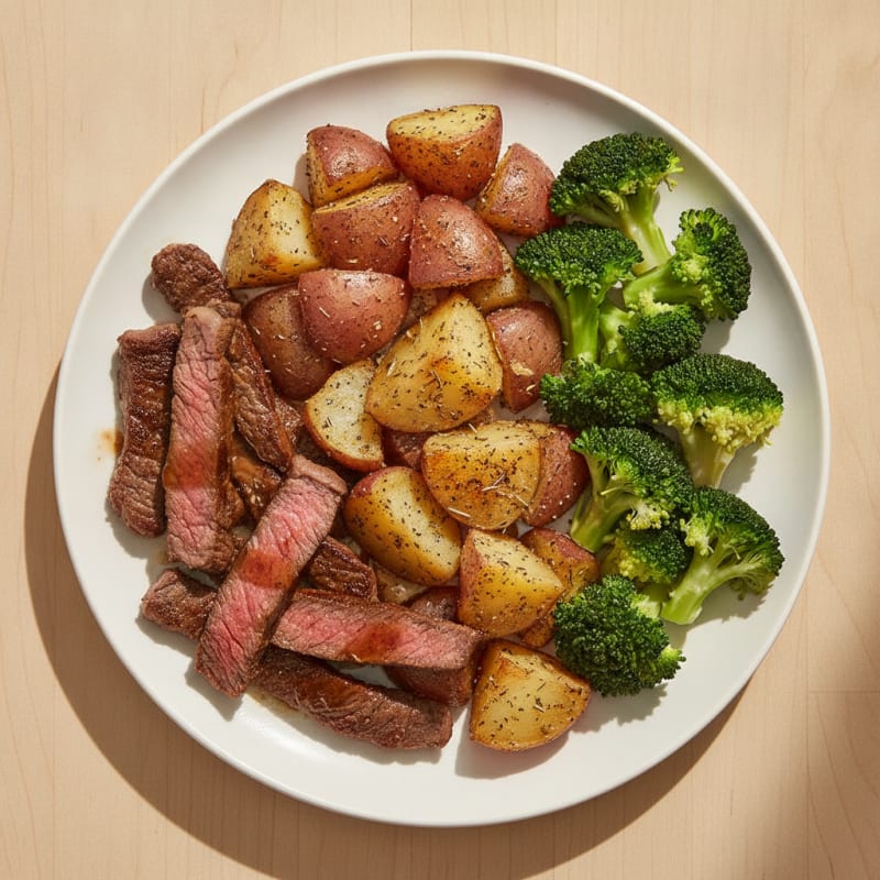 Seared Beef Strips with Herb-Roasted Potatoes and Steamed Broccoli