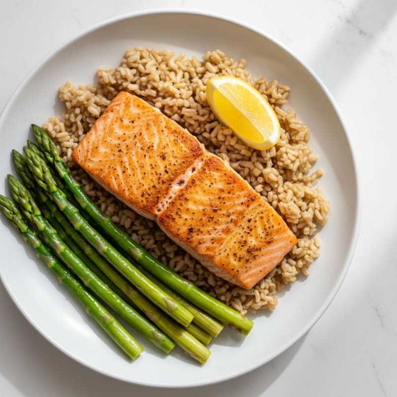 Seared Salmon Fillet with Steamed Asparagus and Brown Rice