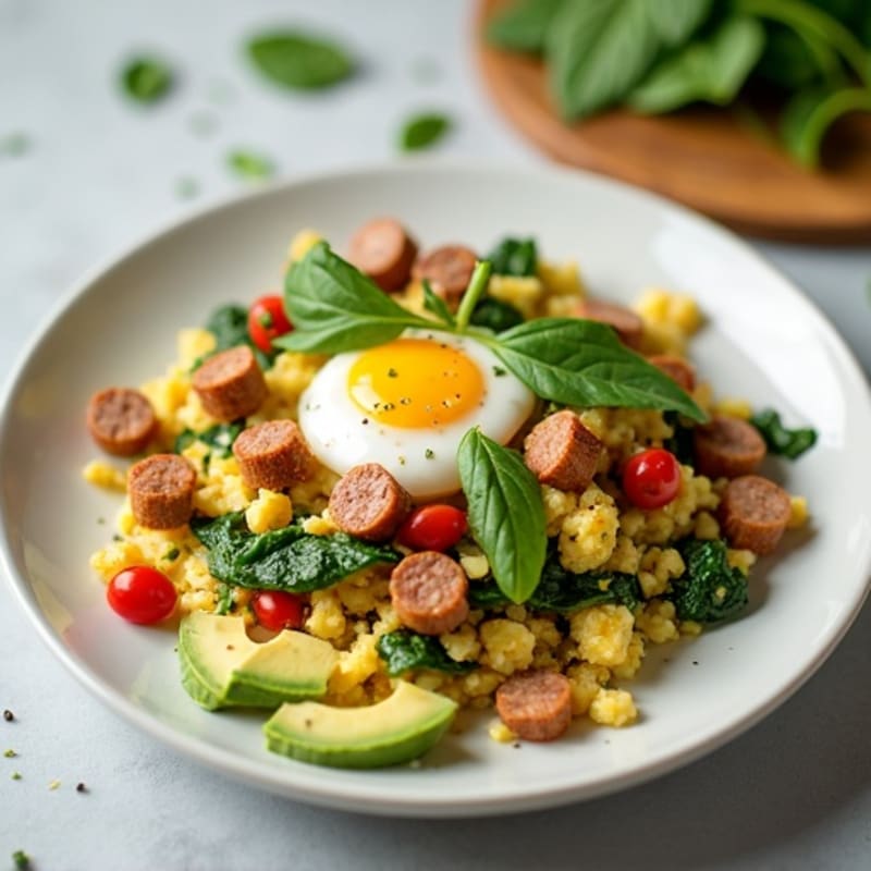 Egg White Spinach Scramble with Turkey Sausage and Fresh Salsa