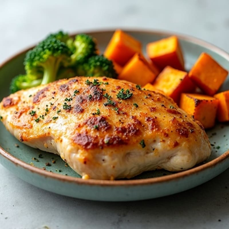 Roasted Chicken Breast with Crispy Broccoli and Sweet Potato