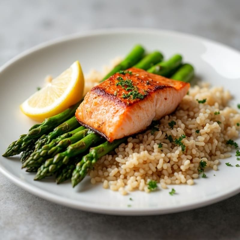 Seared Salmon Fillet with Steamed Asparagus and Brown Rice