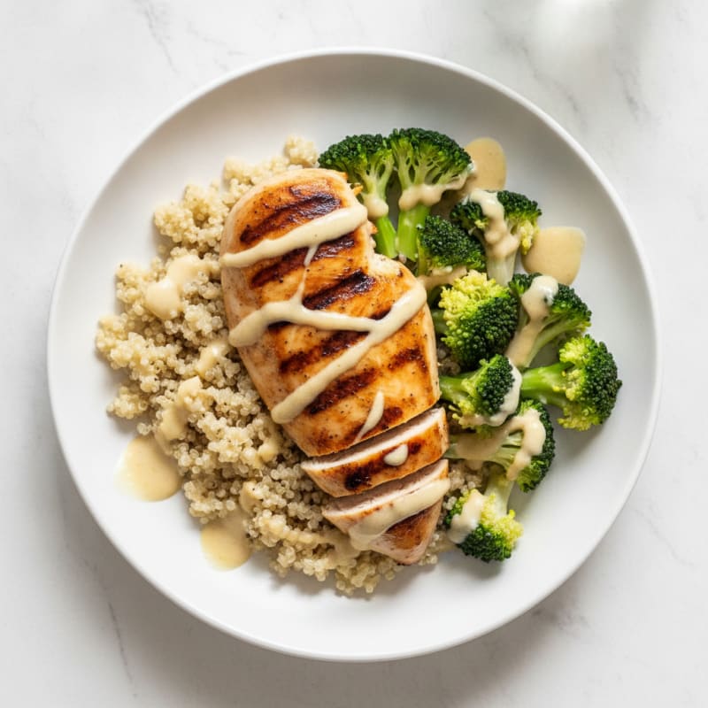 Grilled Chicken Breast with Quinoa, Broccoli and Lemon Tahini Drizzle