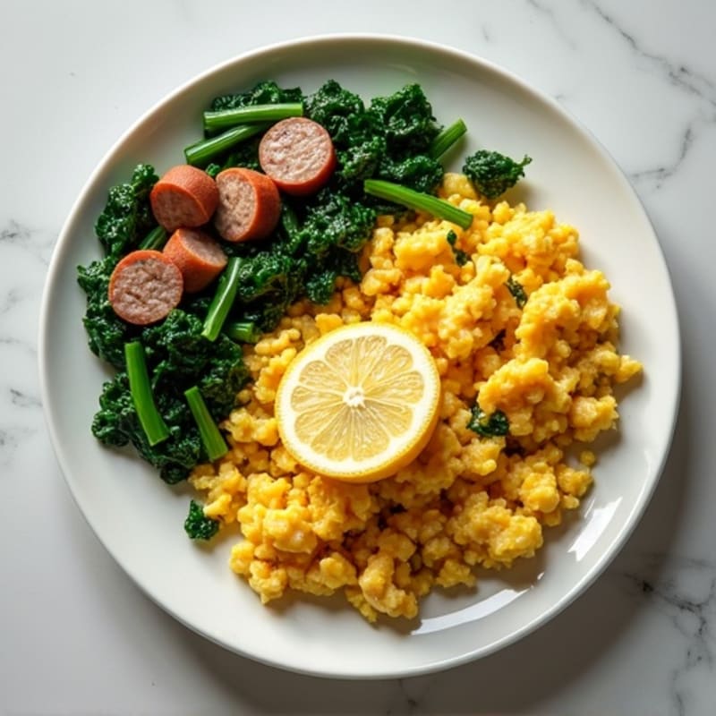 Egg White and Turkey Sausage Scramble with Sautéed Spinach