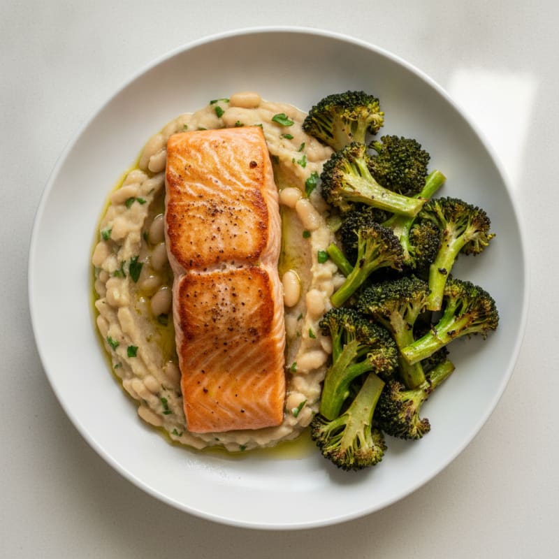 Seared Salmon Fillet with Roasted Broccoli and White Bean Mash