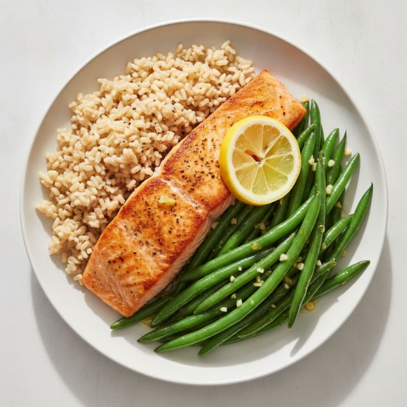 Seared Salmon with Garlic Green Beans and Brown Rice