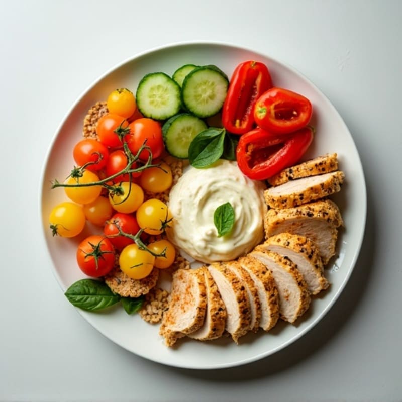 Chicken and Veggie Power Plate with Creamy Hummus and Crunchy Seed Crackers