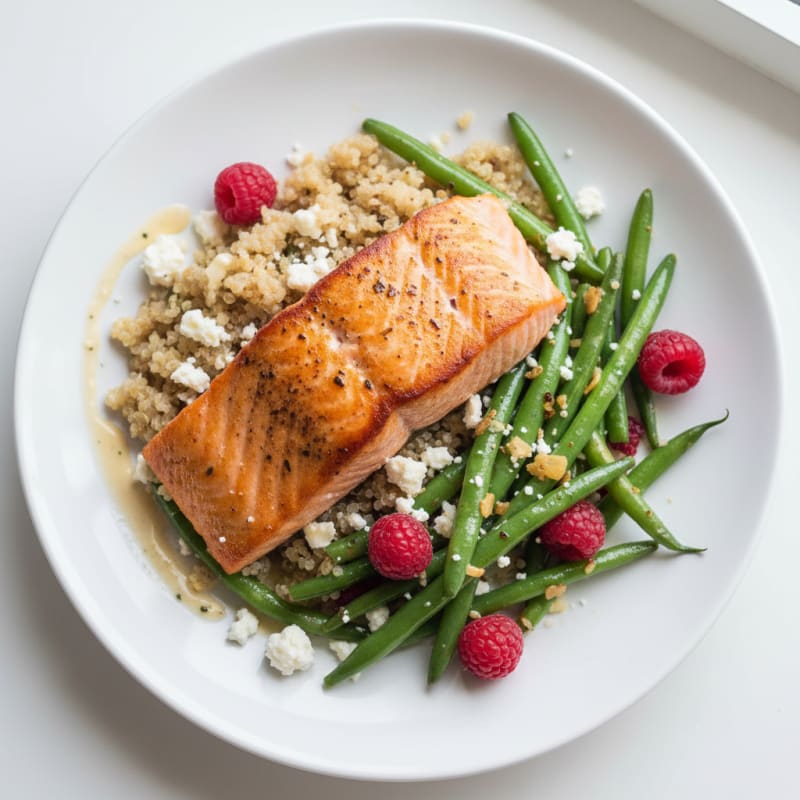 Seared Salmon with Garlic Green Beans and Quinoa