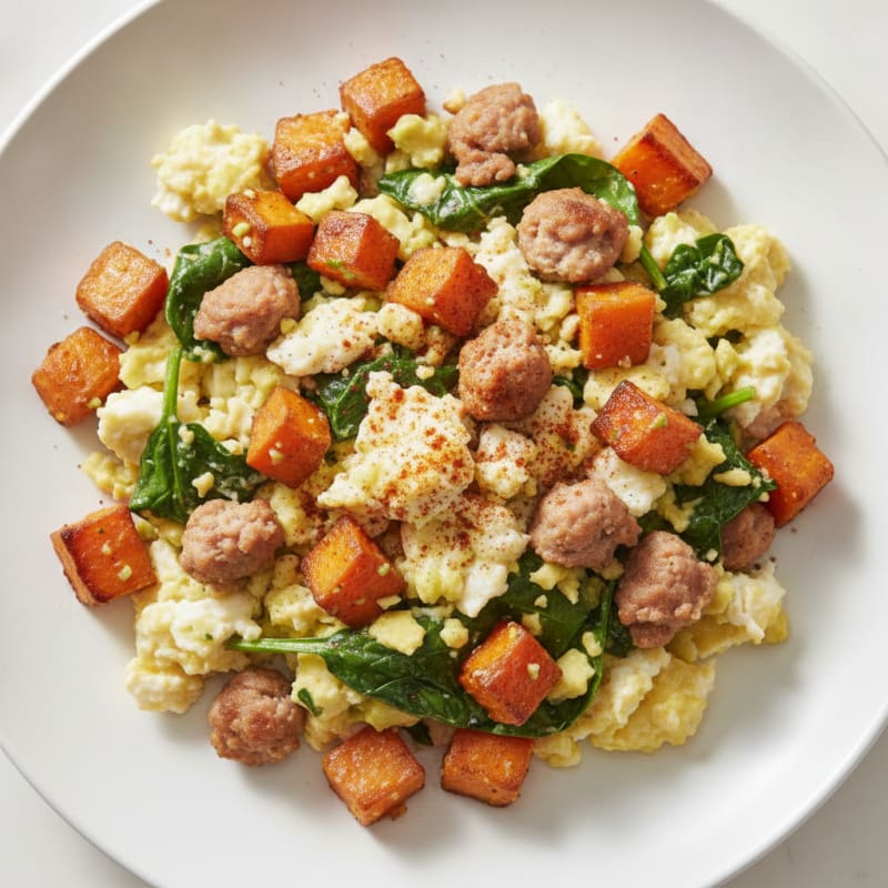 Egg White Scramble with Turkey Sausage and Roasted Sweet Potatoes