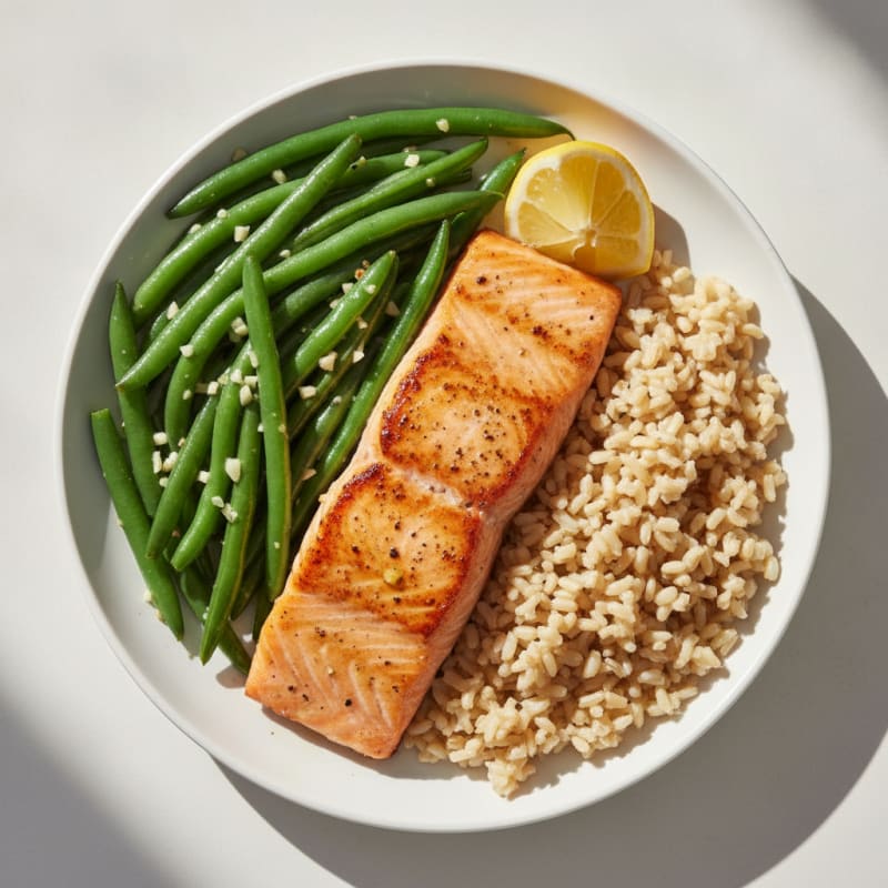Seared Salmon with Garlic Green Beans and Brown Rice