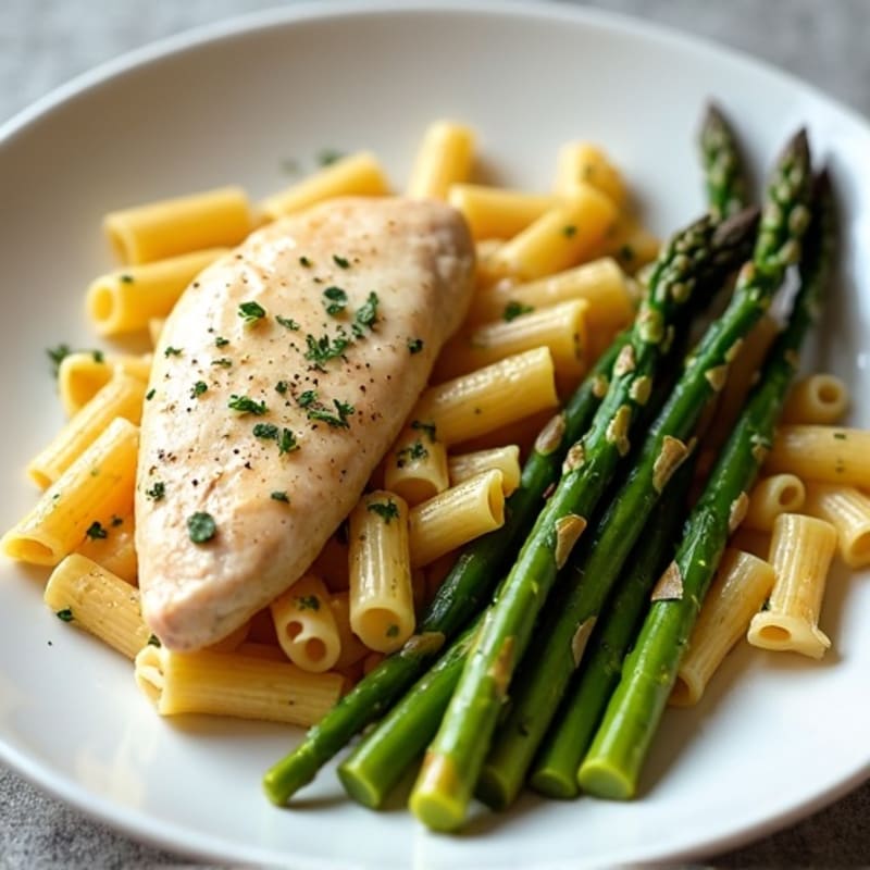 Creamy Garlic Parmesan Chicken Pasta with Roasted Asparagus
