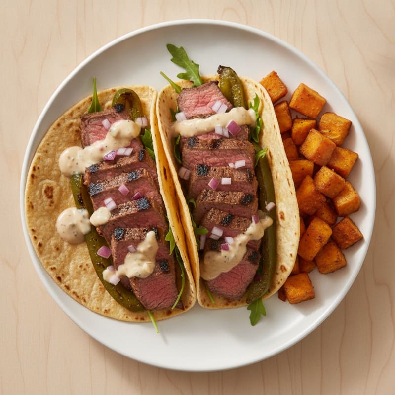 Steak and Poblano Tacos with Sawmill Sauce