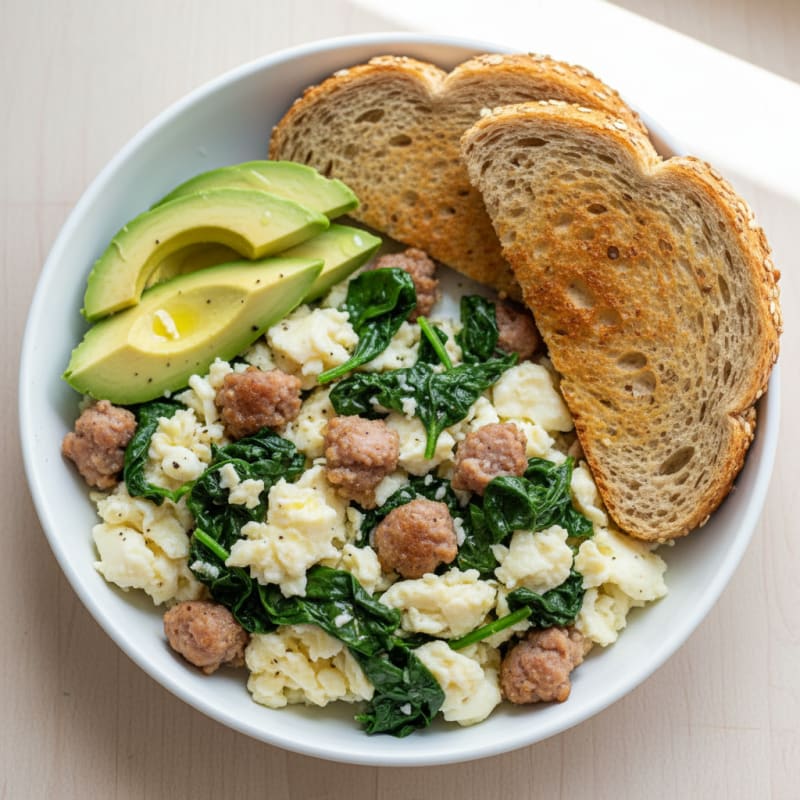 Egg White Scramble with Turkey Sausage and Sautéed Spinach