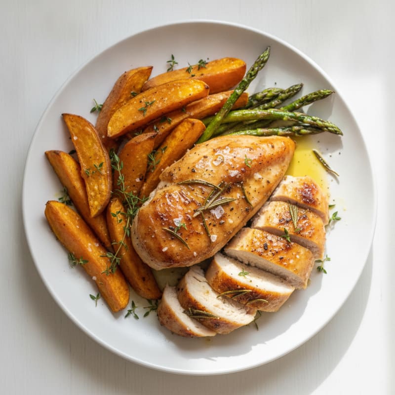 Herb-Roasted Chicken Breast with Crispy Sweet Potato Wedges