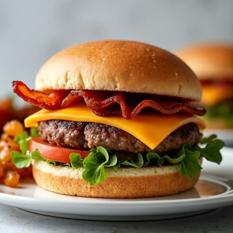 Lean Beef Cheeseburger with Crispy Turkey Bacon and Roasted Vegetables