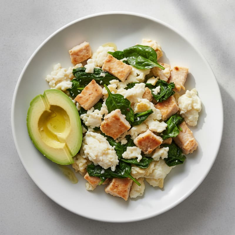Egg White Scramble with Turkey Breast and Sautéed Spinach