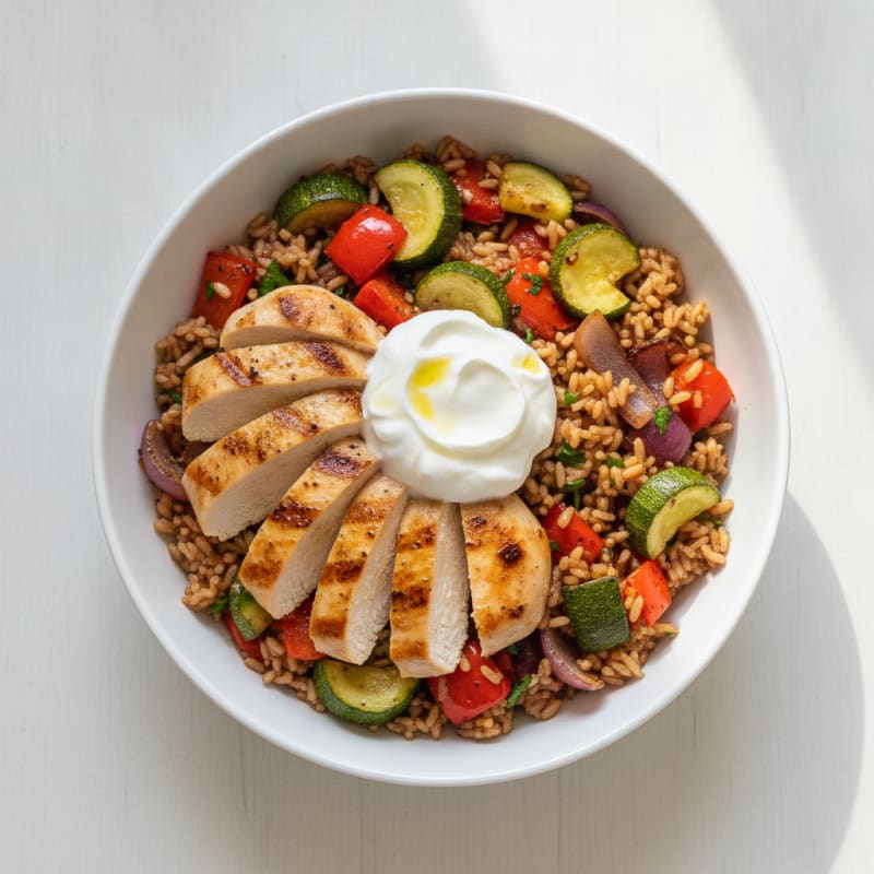 Grilled Chicken and Roasted Vegetable Bowl with Brown Rice