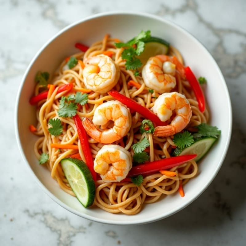 Shrimp with Tangy Peanut Lime Noodles and Crisp Vegetables