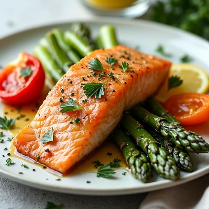 Flaky Lemon-Herb Baked Salmon with Crispy Roasted Asparagus and Bell Peppers